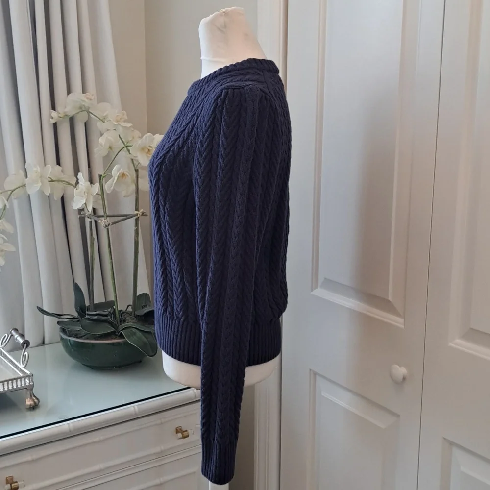 J.Crew‎ Womens Navy Cableknit Crewneck Pullover Sweater Puff Sleeves MED - Picture 2 of 7